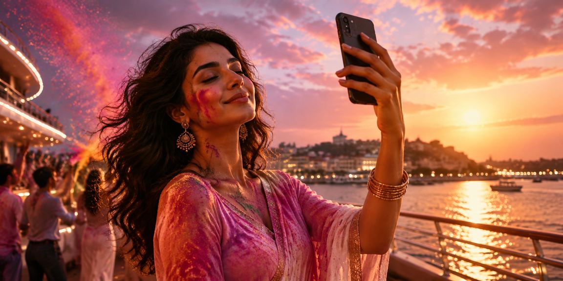 Young woman playing Teen Patti on her smartphone on a Goan beach during Holi festival