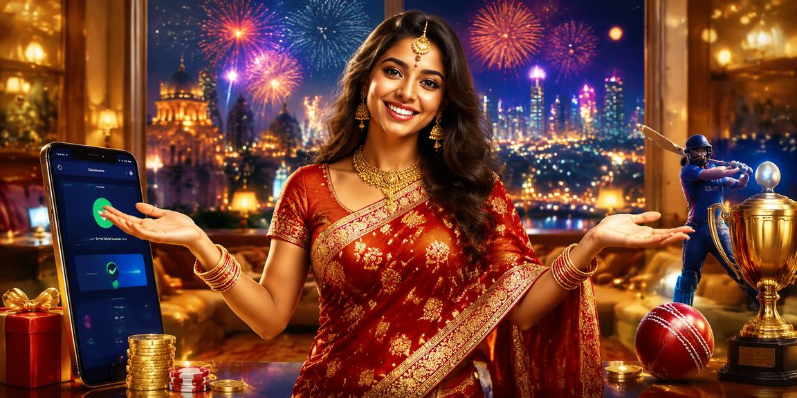 Woman playing Teen Patti online with cricket betting in background visible in India